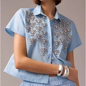 NWT J.Crew Collection Cropped Button-Up Embellished Pinstripe Shirt Size 00